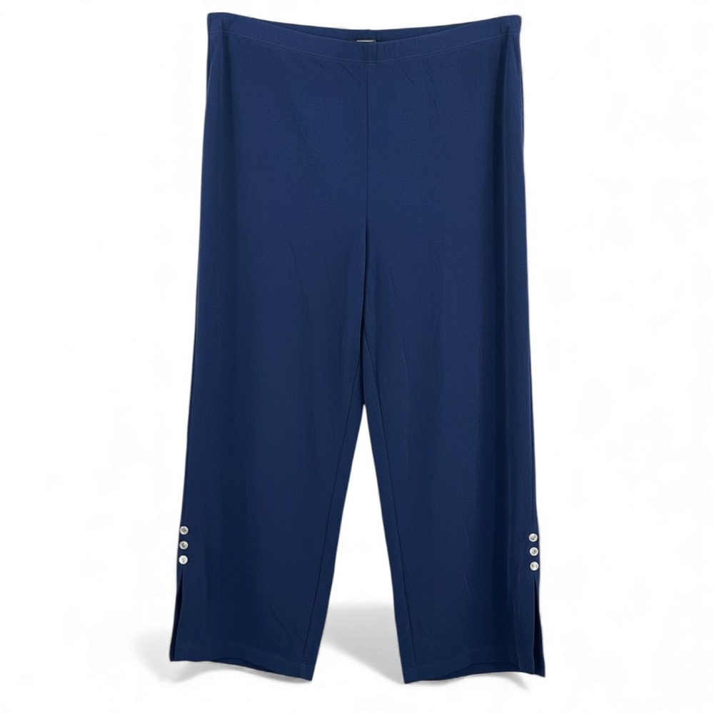 CHICO'S TRAVELERS Dark Blue Knit CROPPED PANTS Little Silver Buttons at Hem S/0